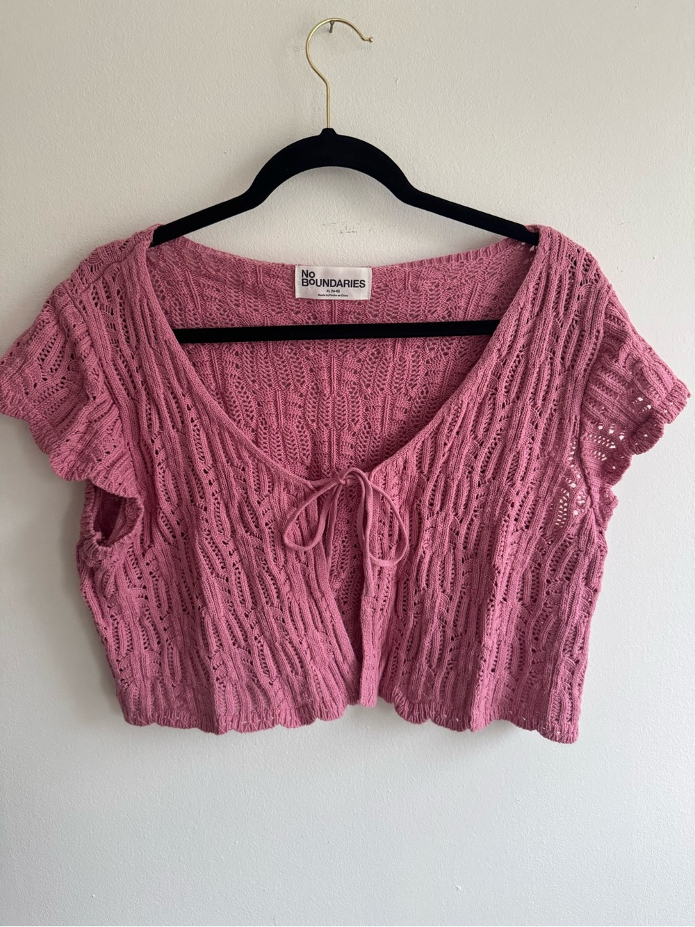 No Boundaries Pink Knit Tie Front Cropped Cardigan Top XL 16-18 Boho Coquette